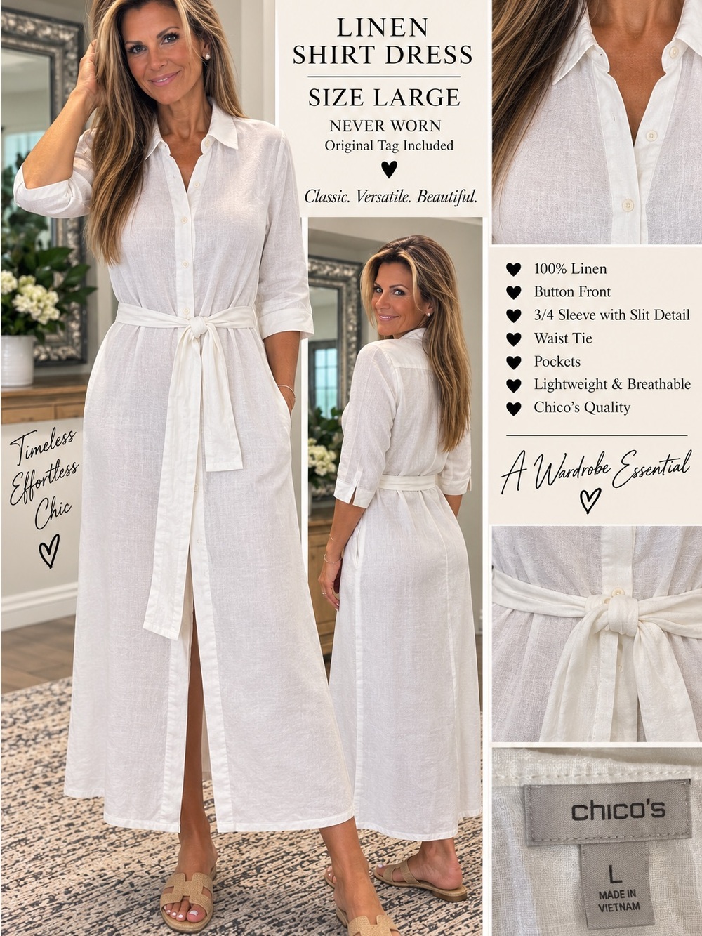 Chico's White Linen Button-Front Shirt Dress with Waist Tie